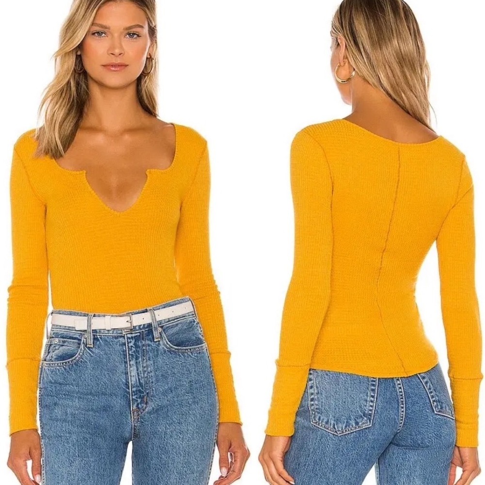 Free People Mustard Orange Waffle Knit Thermal Long Sleeve Top Womens Sz XS Boho